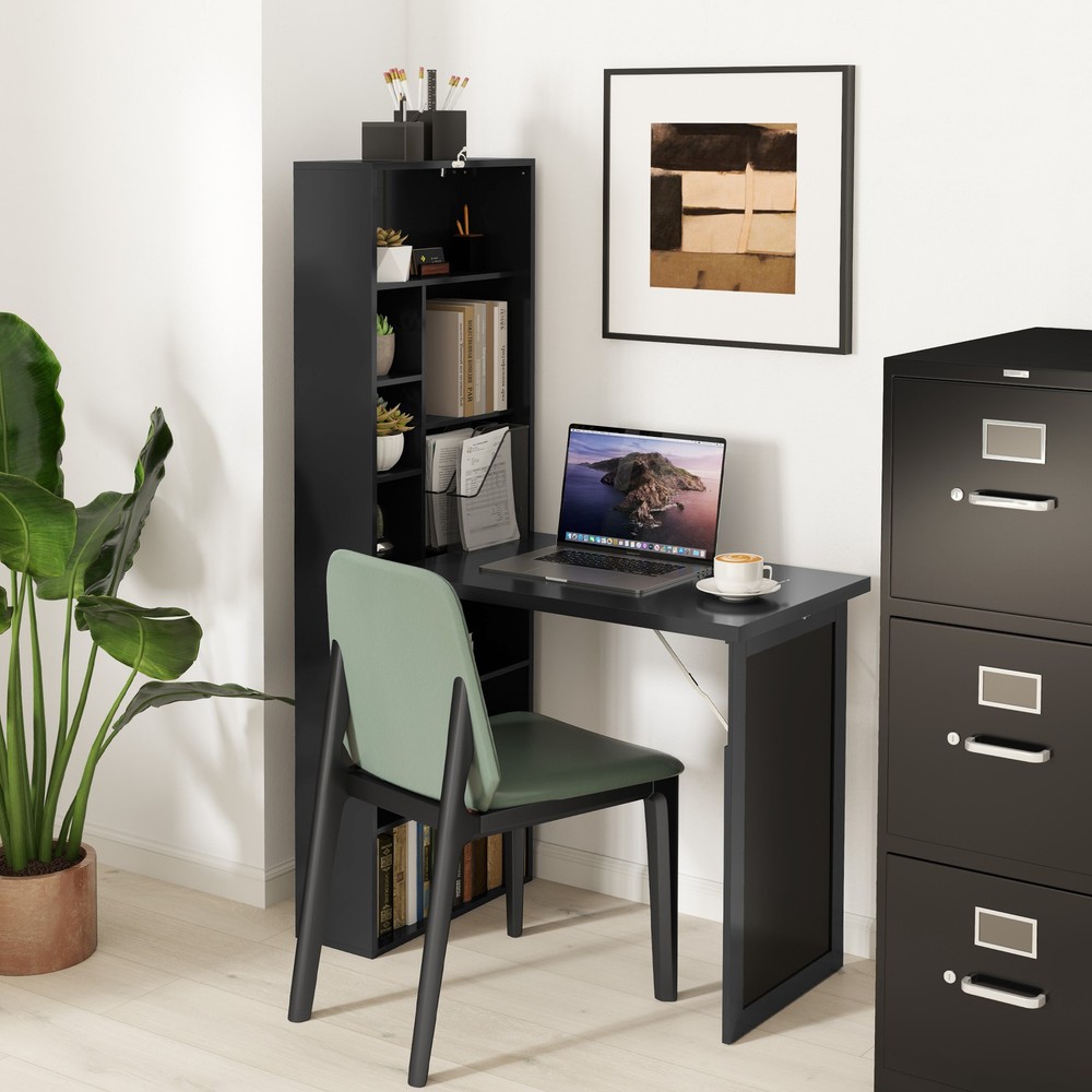 Convertible Desk with Chalkboard & Shelf Multi-Use Computer Workstation, Black