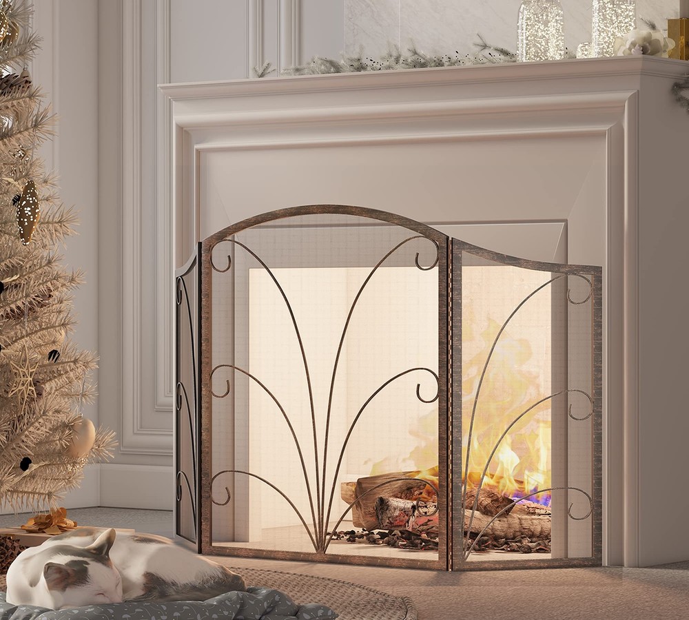 3-Panel Arched Childproof Fireplace Screen Decorative, Handcrafted Scroll Wro...