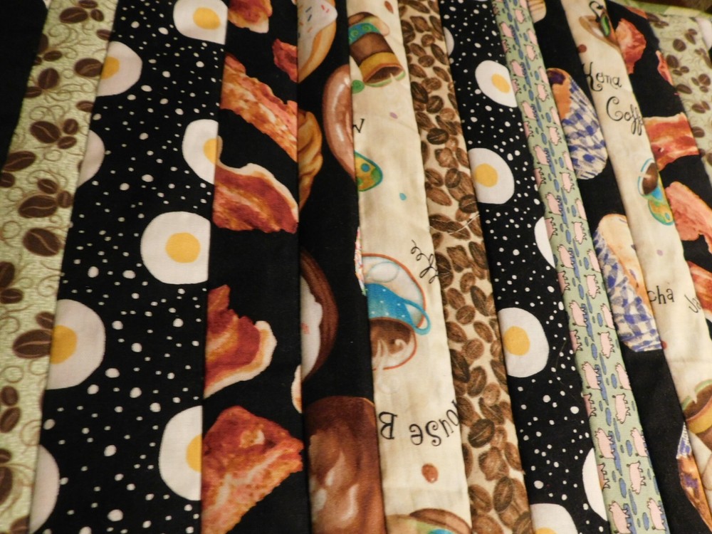 Breakfast Handmade Quilt Panel Table Runner Pieced Strips Coffee Eggs Bacon