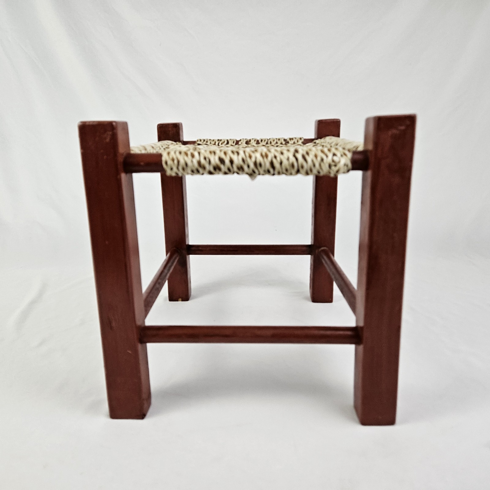 Vintage MCM Mission Footstool Stool Weaved Rope Macrame Top Arts & Crafts