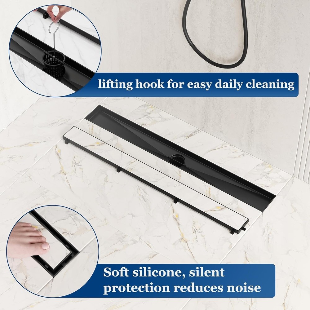 Modern Matte Black Rectangle Shower Drain, 24" Linear Drain