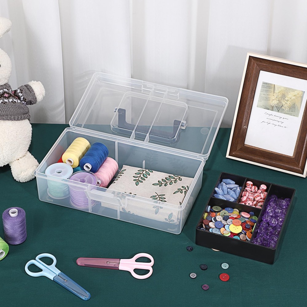 BTSKY Clear Plastic Storage Box with Removable Tray Multipurpose Black