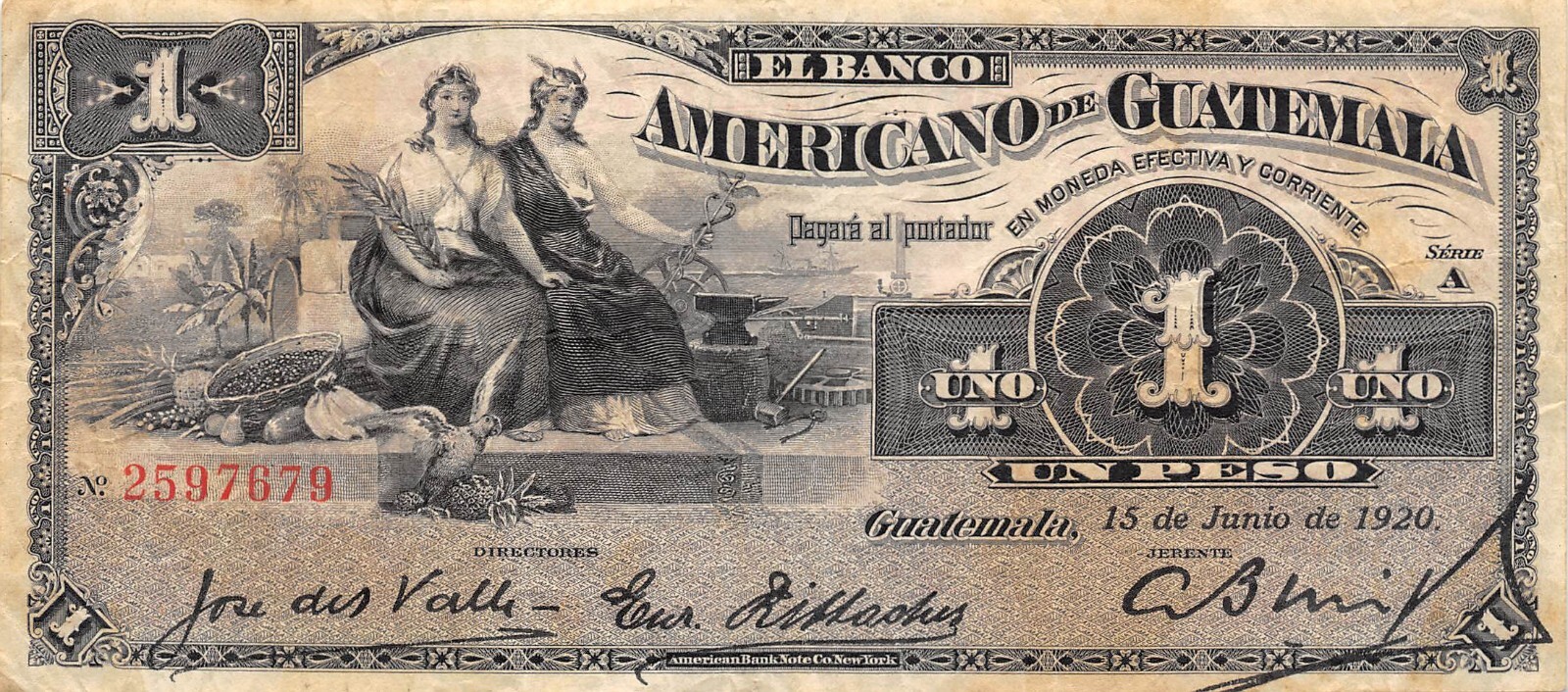 Guatemala  1  Peso  15.6.1920  S 111b  Series A  Circulated Banknote WW9