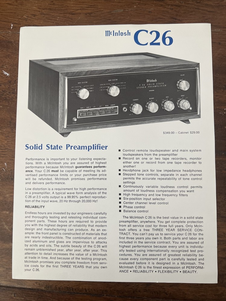 Vtg McIntosh Catalog Insert C26 Preamplifier Brochure