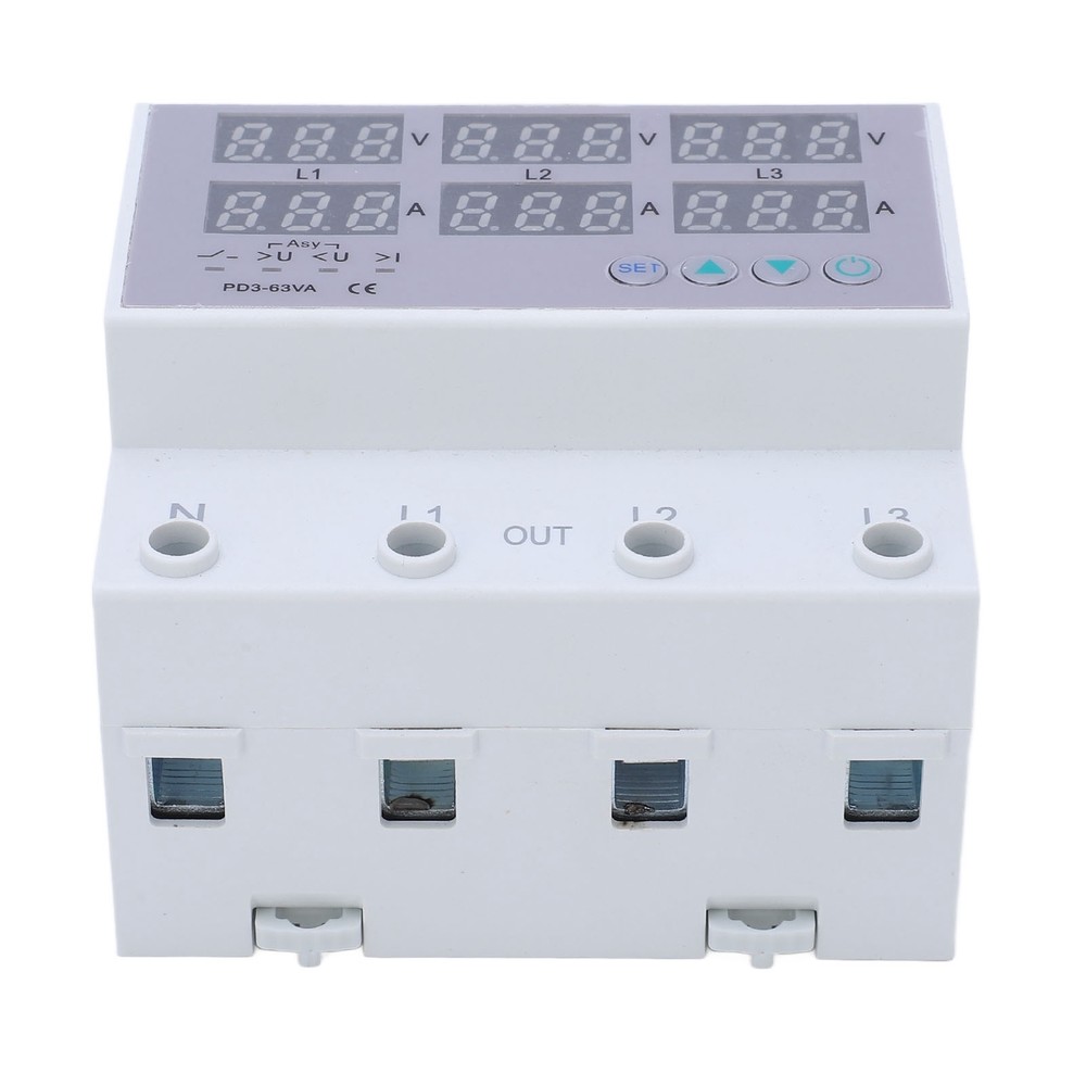 3Phase DIN Rail Voltmeter Ammeter Automatic Overvoltage Overcurrent Protector63A