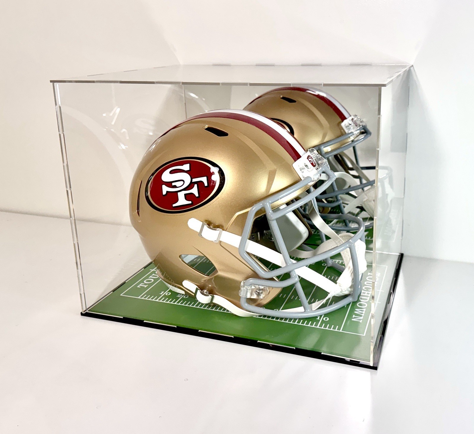 Full Size Helmet Display Case w/ Green Acrylic *Football Field* Base Back Mirror