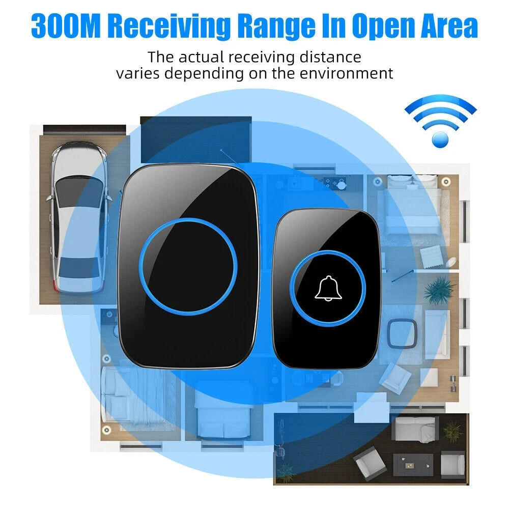 Wireless Doorbell Chime Waterproof Plugin Receiver Adjustable Volume 1000FT Kit