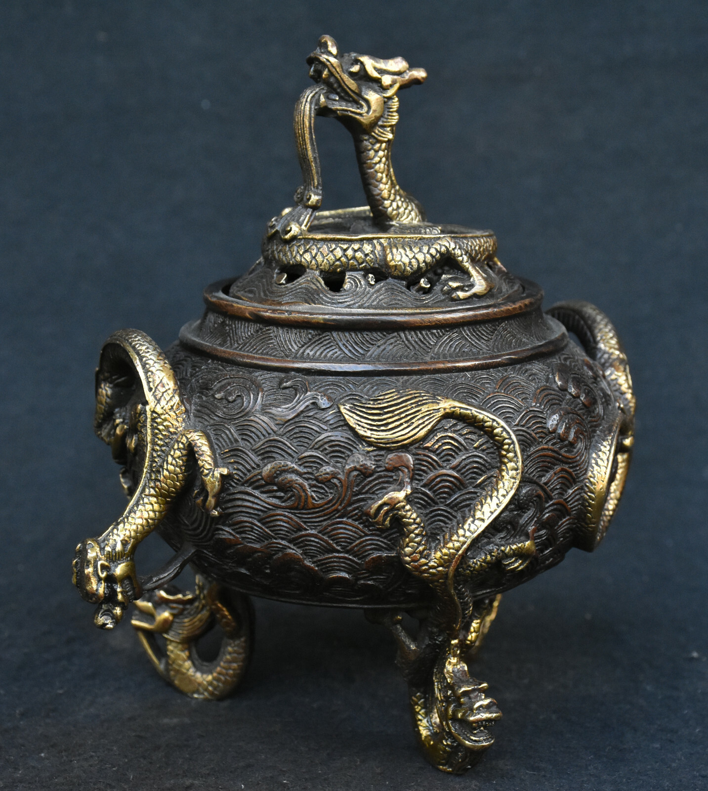 Old Chinese Dynasty Bronze Gilt Animal Dragon Loong Beast Incense Burner Censer