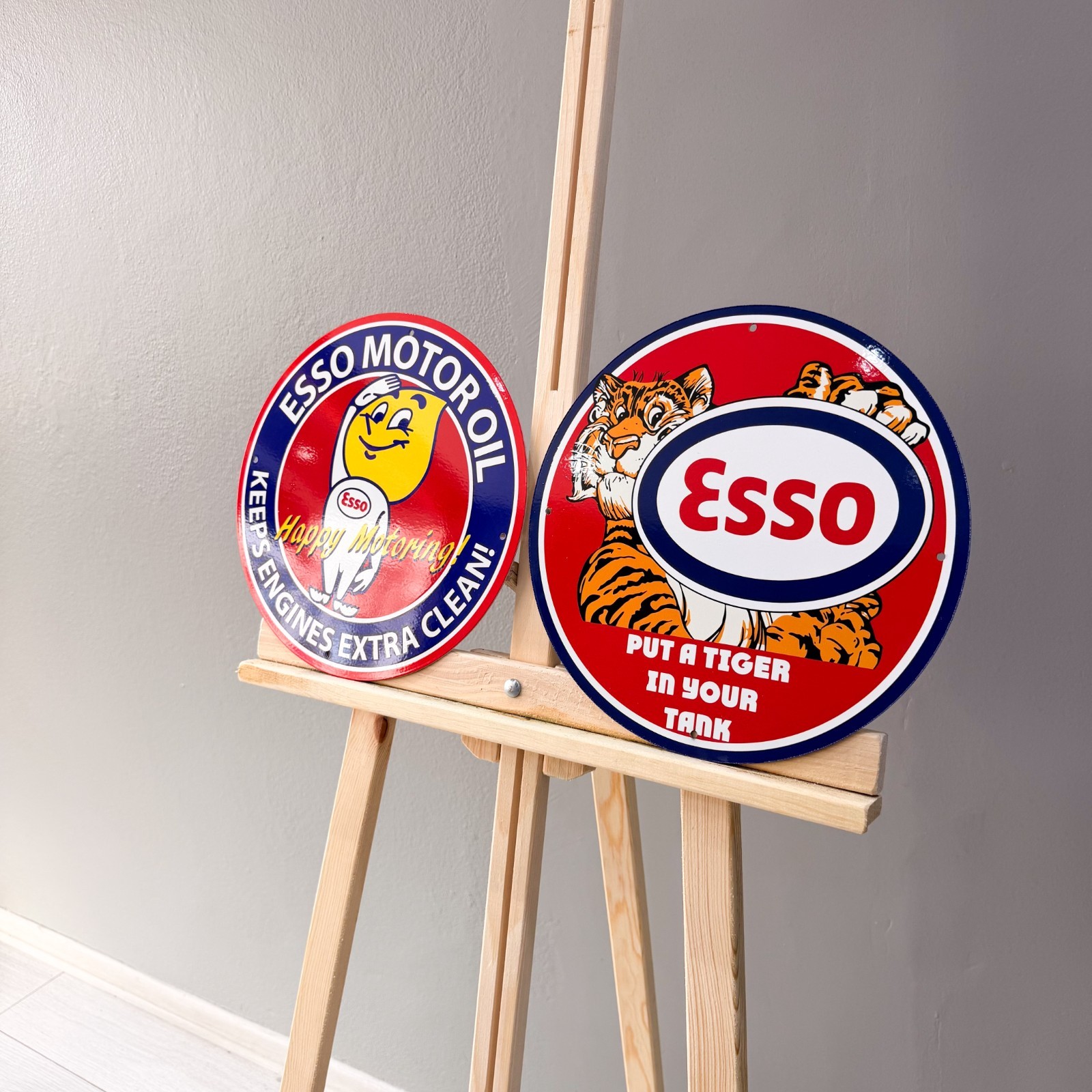 Esso Vintage Metal Sign Set of 2 Tiger & Man Happy Motoring – 30 cm / 11.8”