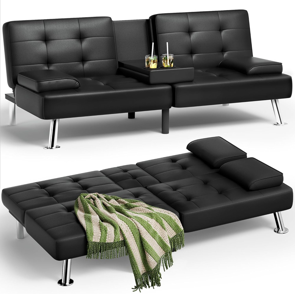 Futon Sofa Bed Leather Couch Recliner with Removable Armrests Cup Holders Black
