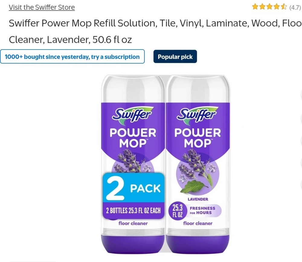 Swiffer Power Mop Refill Solution - Floor Cleaner, Lavender - 50.6 fl oz 2 Pack