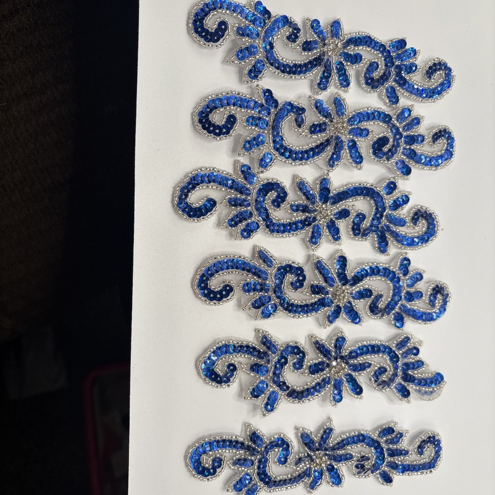 6 Royal Blue Sequins Appliques Silver Beaded Border D9