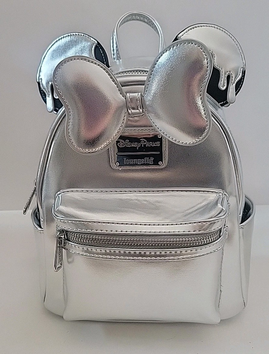 Disney Parks 100 Years Loungefly Minnie Mouse Mini Backpack Platinum Silver Drip