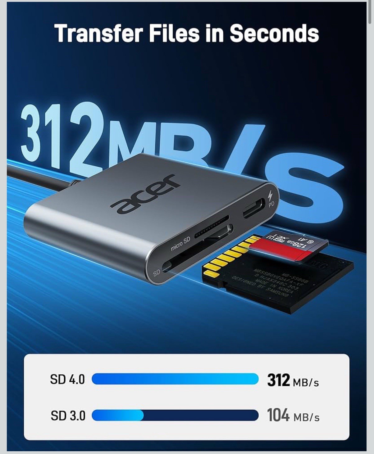 Acer SD 4.0 Card Reader UHS-II Micro SD USB C Dual Slot PD for iPhone MacBook