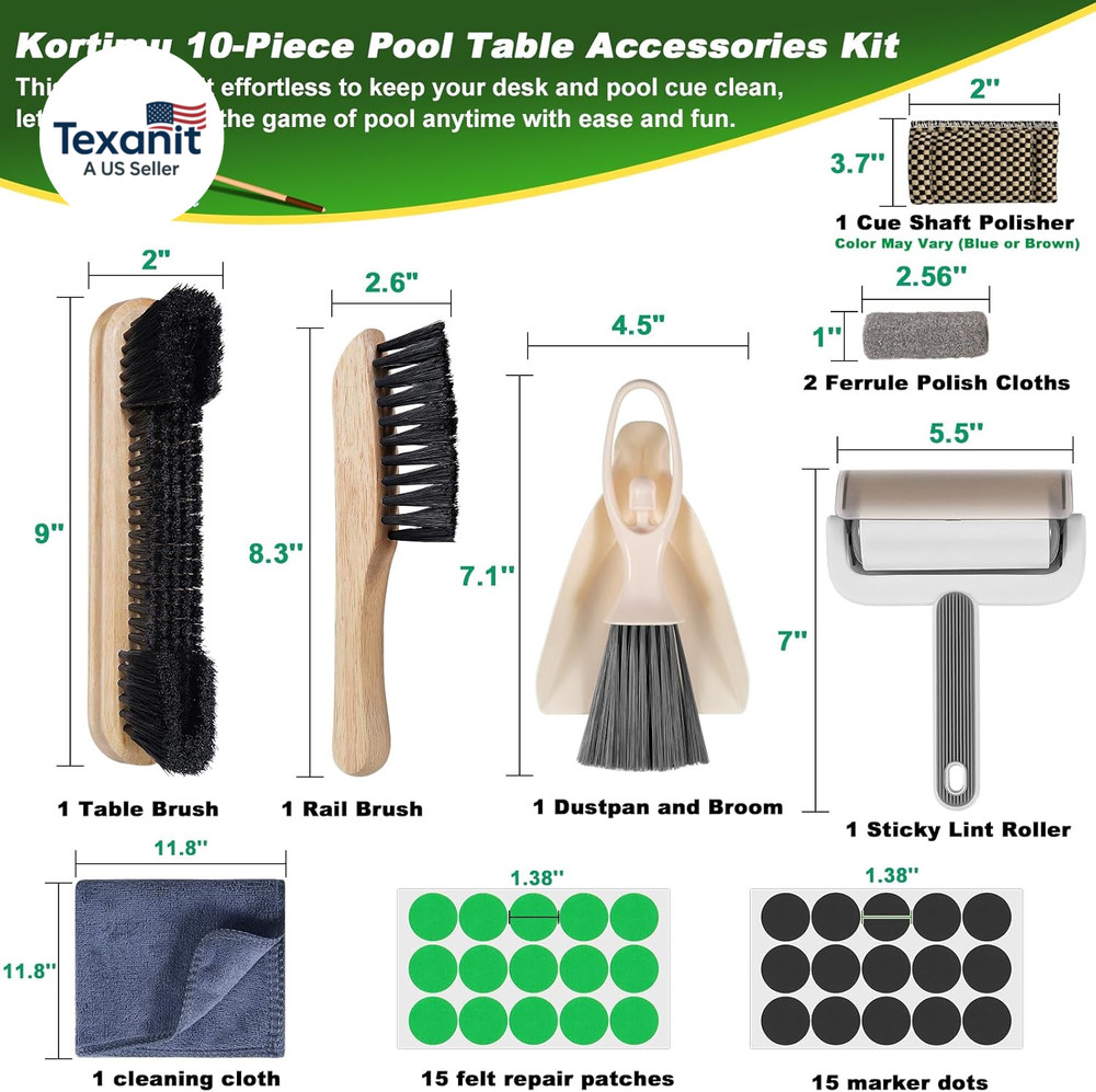 Billiard Pool Table Accessories Kit: 10 Piece Set with 2 Pool Table Brushes,2 Fe