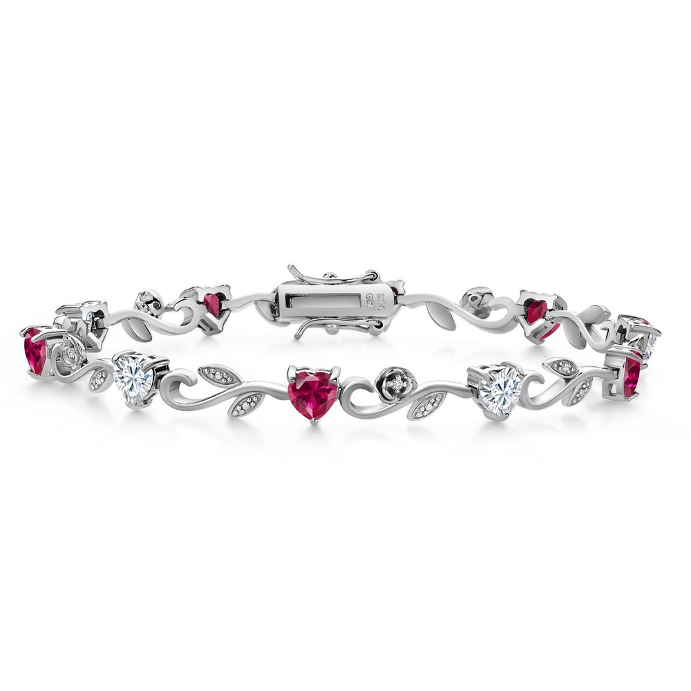 925 Sterling Silver Heart Shape White Moissanite Created Ruby and  White Lab