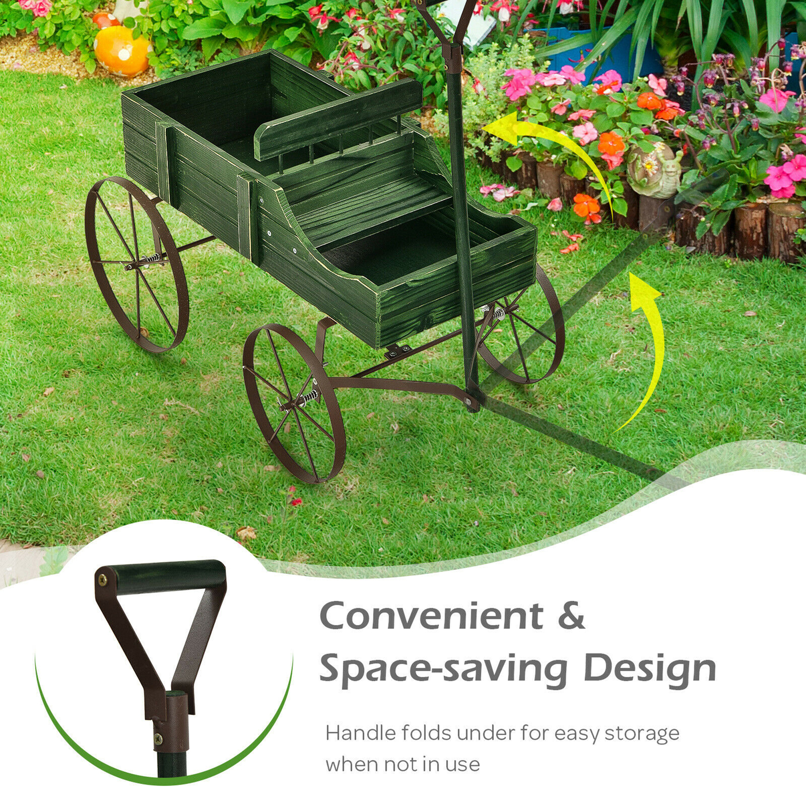 Garden Plant Planter Wooden Wagon Planter W/ Wheel Garden Yard Green