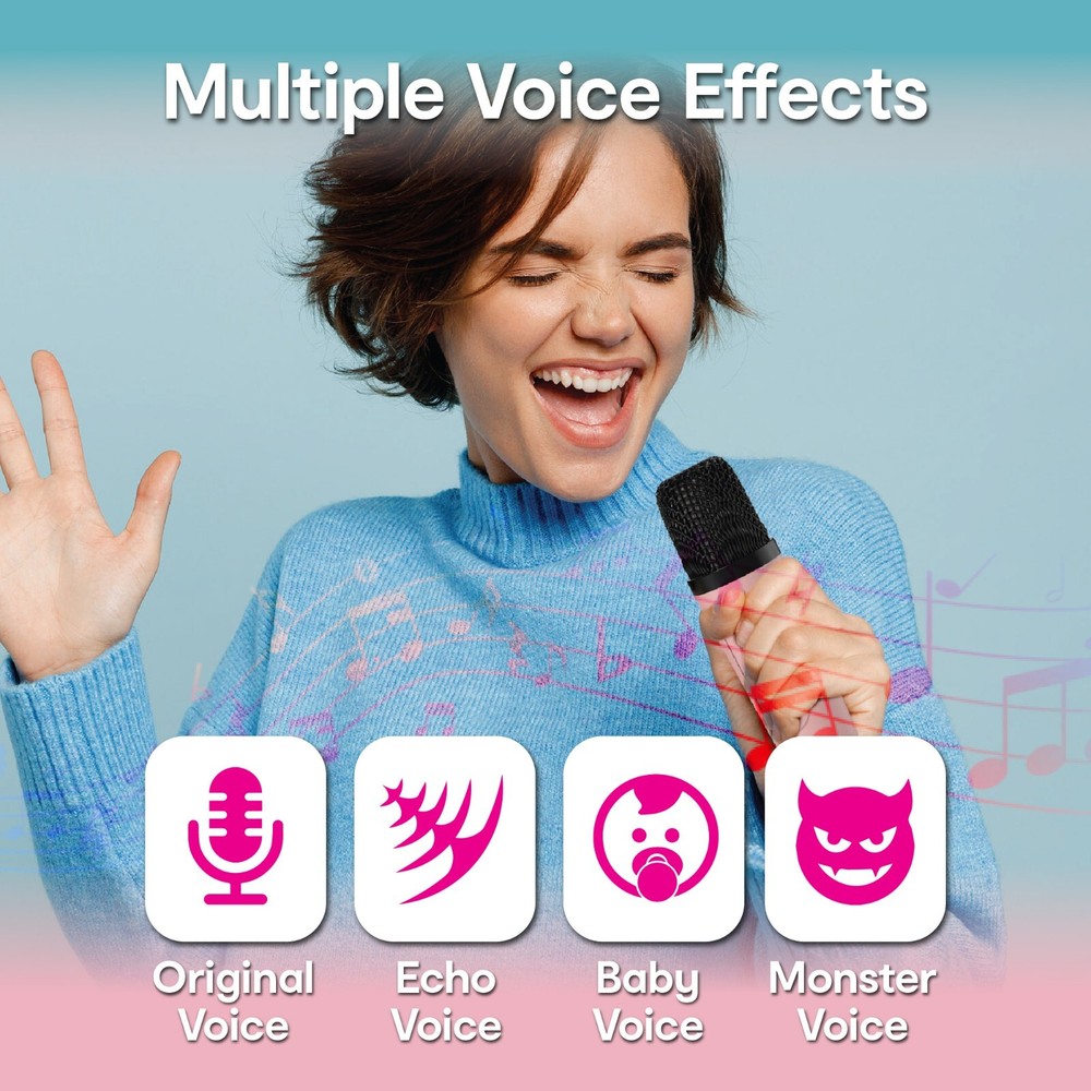 Laser Mini Karaoke Speaker 2 Wireless Mics Bluetooth Pink