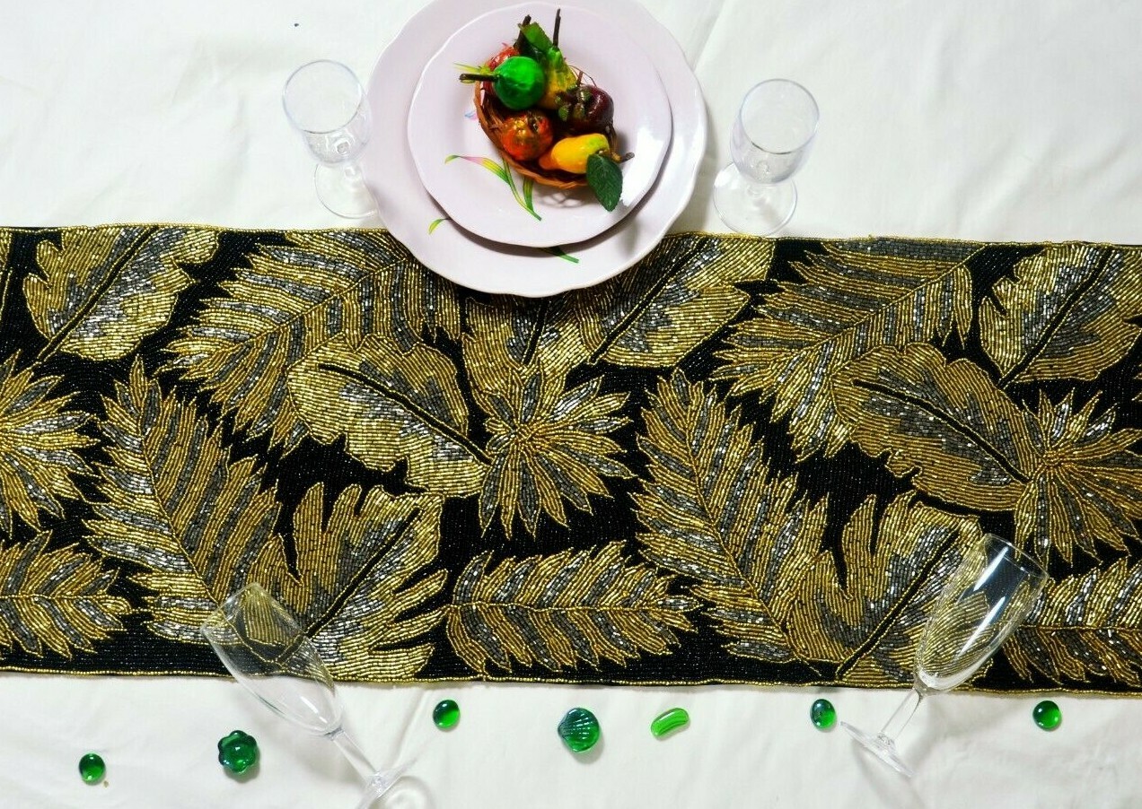 Beaded Table Runner Black And Gold Leaves Table Runner Autumn Tableware 13X36 In