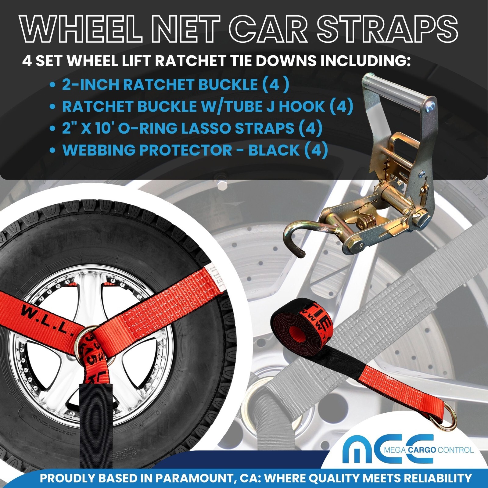 16 Pcs 4 Set 2" x 10' Lasso Wheel Lift Strap Ratchet J Finger Hook for Tow Truck