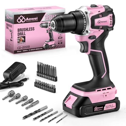 20V Brushless Cordless Lithium-Ion Drill Set, Compact Design Rechargeable Pink