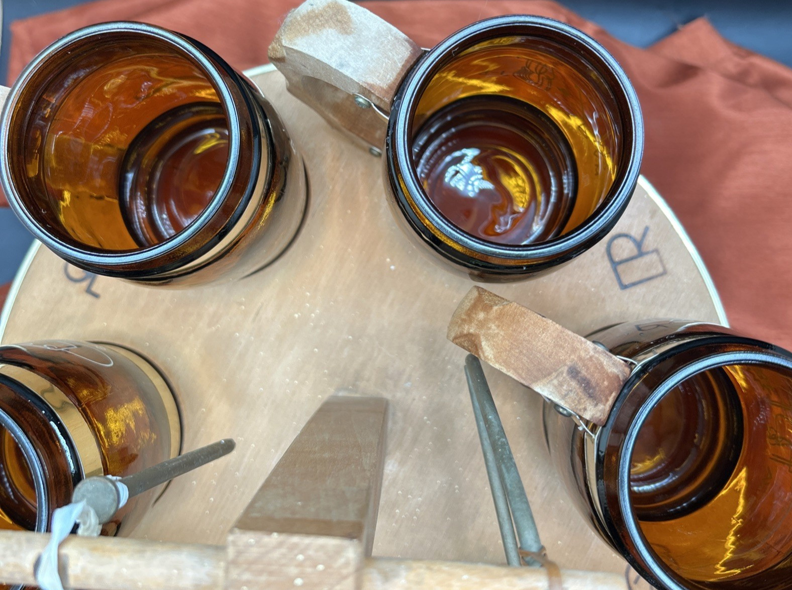 Vintage Siestaware Western / Wagon Wheel Bar Beverage Set with Caddy & Triangle