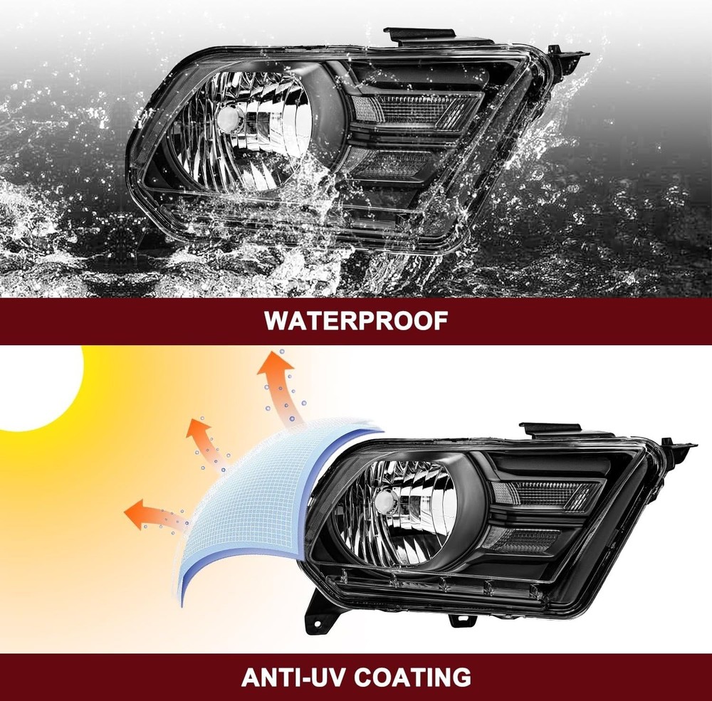 Halogen Headlight Assembly Replacement w/Bulbs for 2010-2014 Ford Mustan