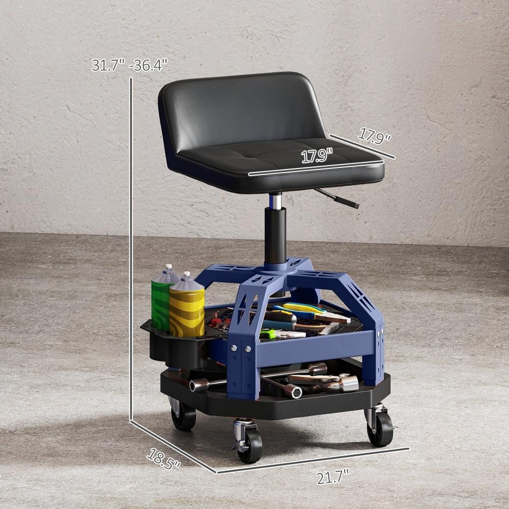 Height Adjustable Rolling Garage Stool on Wheels, Mechanic Stool with Tool Tray