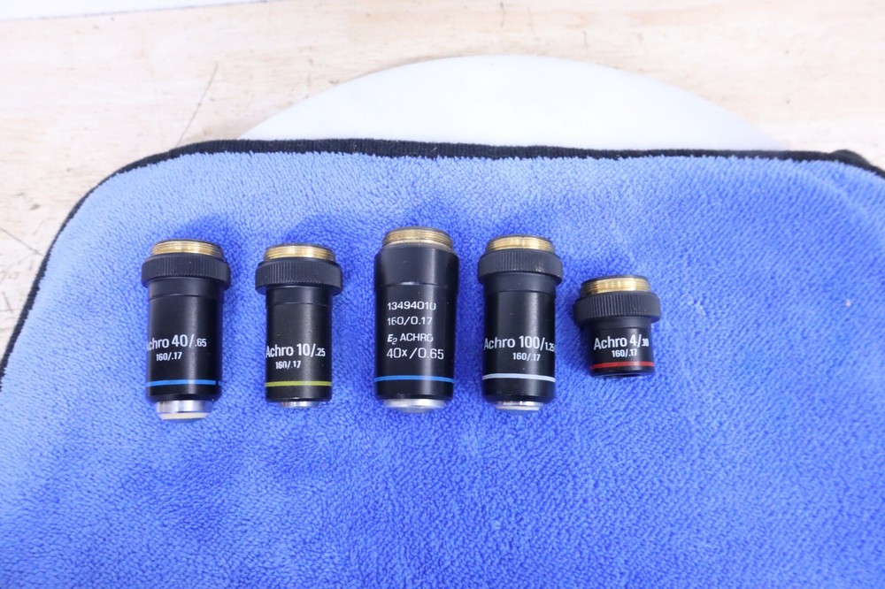 x5 Used Leica Achro Microscope Objectives #32016 32012 32015 32013 & E2 Germany