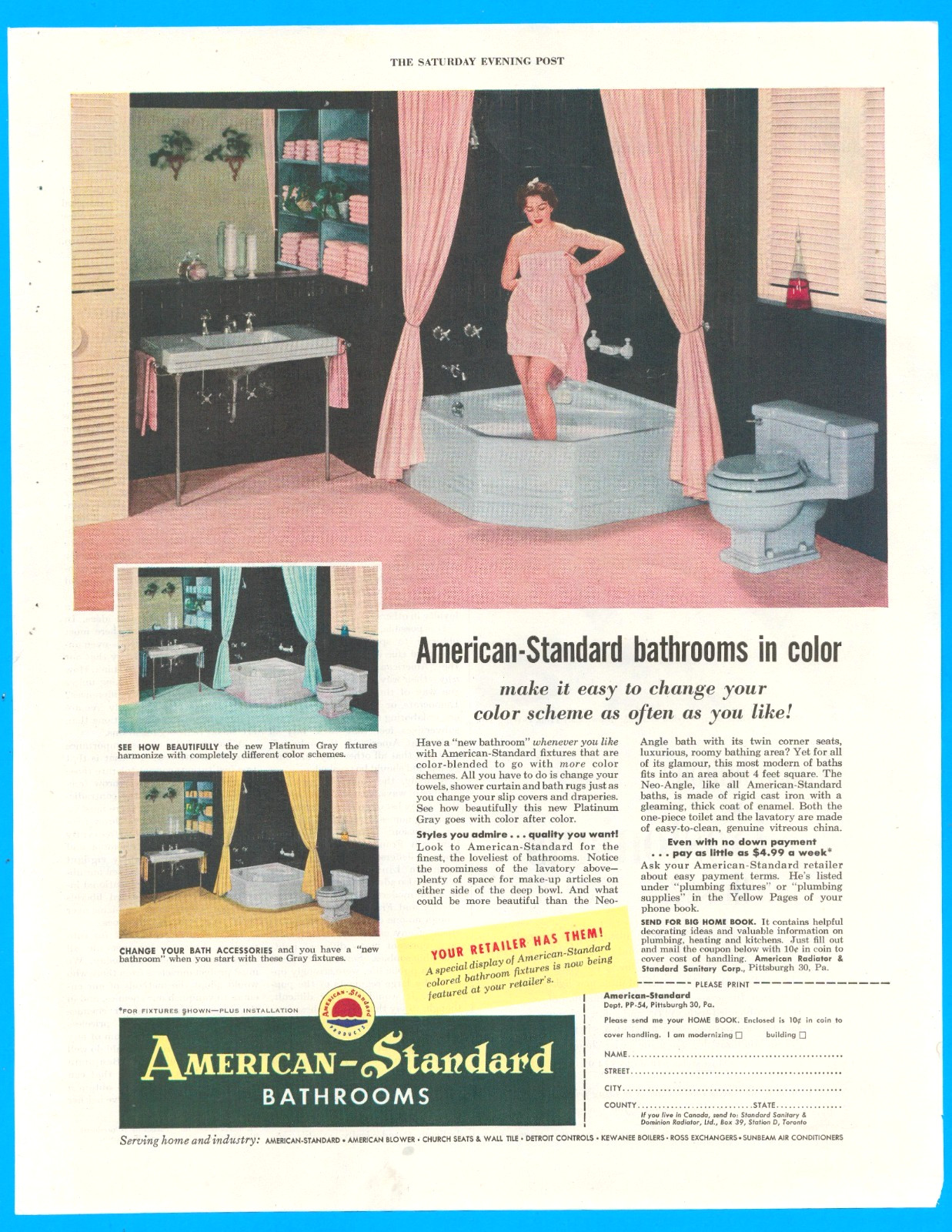 American Standard bathroom decorating bathtub vintage print ad 1954 ephemera