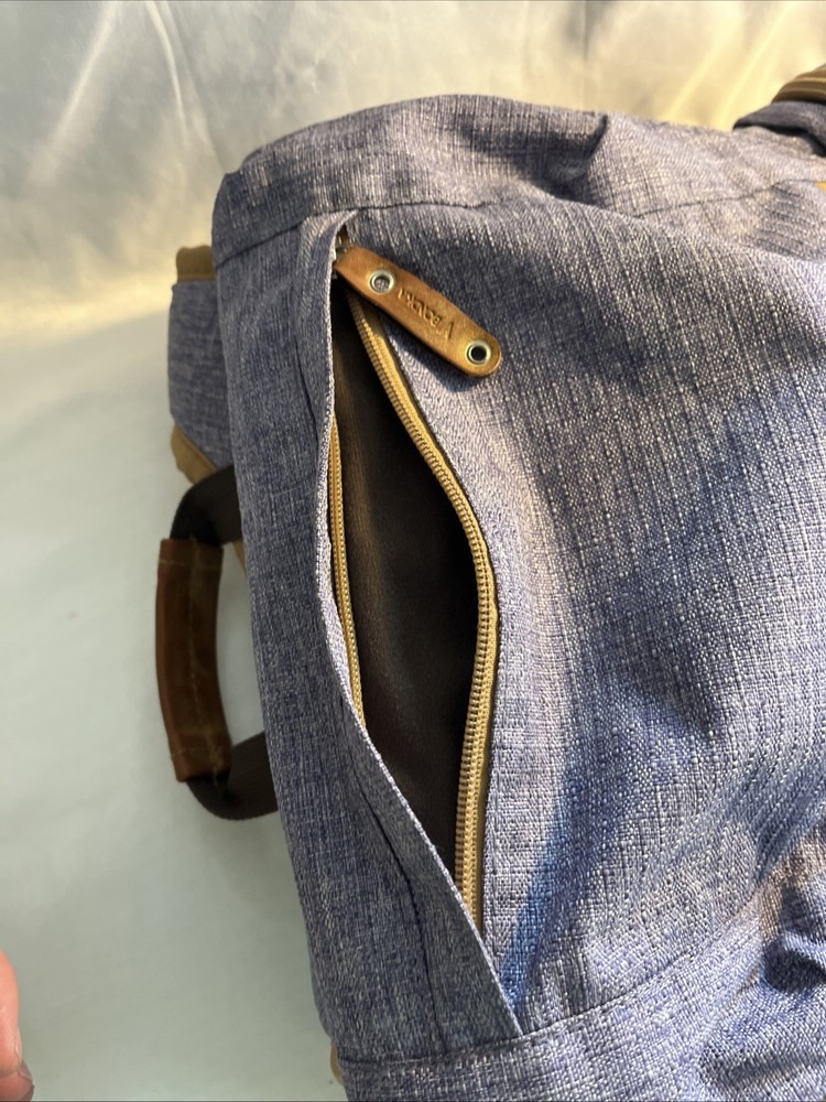BONDKA Jigsaw Backpack, Unisex Blue Canvas, Brown Leather 7 Pockets Nice Backpac