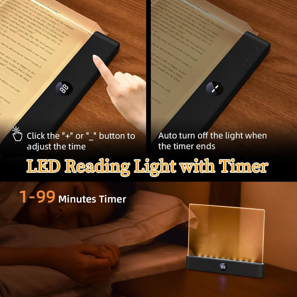 Rechargeable LED Book Light with Timer, Dimmable & 3 Color Options