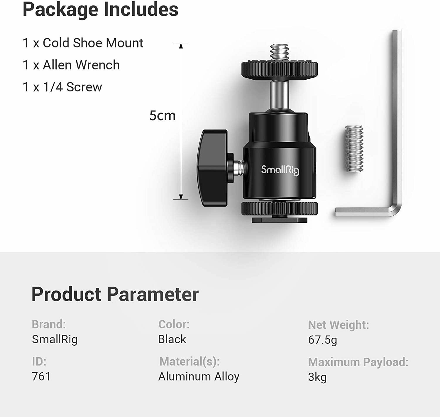 SmallRig Tripod Ball Head Stand with Flash Shoe 1/4" Hot Shoe Mount Adapter 761