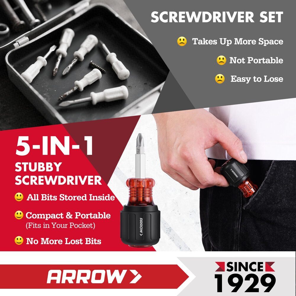 ARROW 5-in1 Stubby Screwdriver Phillips Slotted Multi-Bit Screwdriver Nut Driver