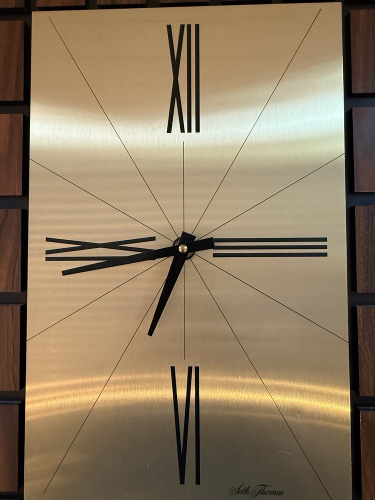Vintage Seth Thomas Mid Century Modern Wall Clock Brass Dial Walnut Blocks