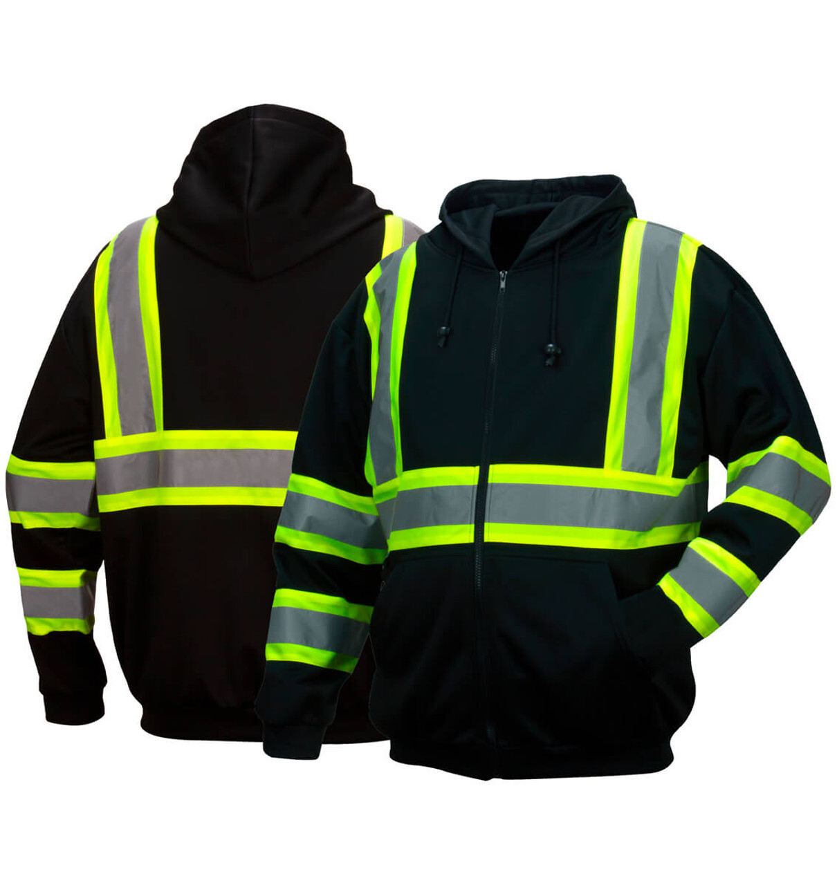BLACK HI VIS ANSI REFLECTIVE WORK SAFETY ZIP UP HOODED FLEECE HOODIE SWEATSHIRT