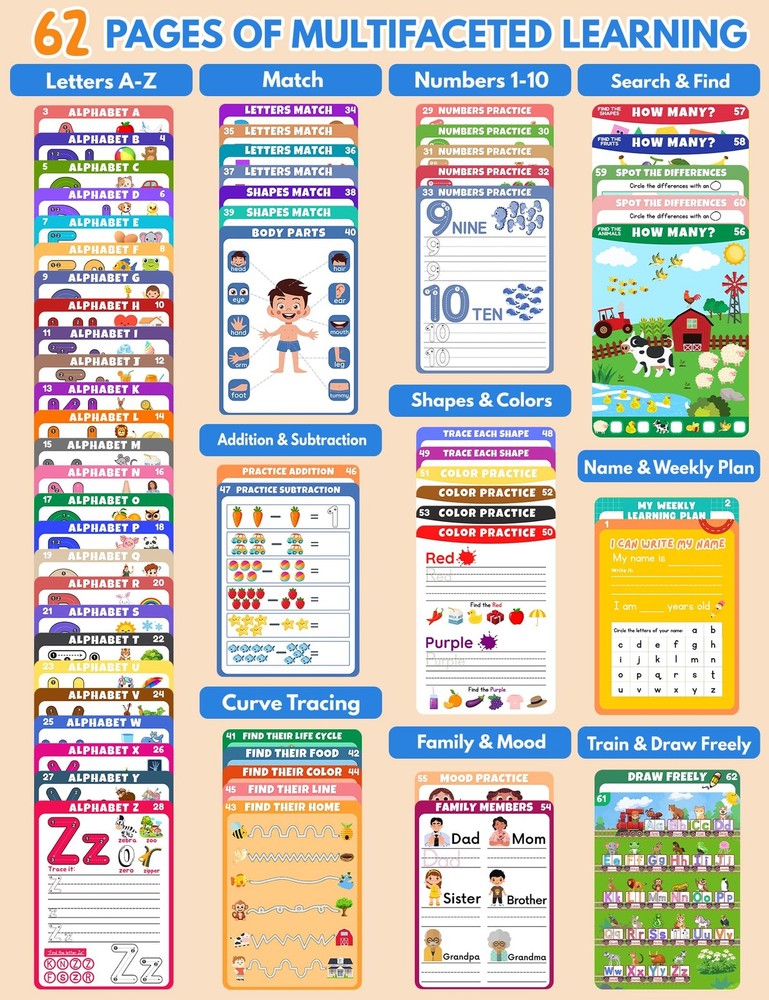 Preschool Learning Activities Educational Workbook, 62 Reusable Pages Pre...
