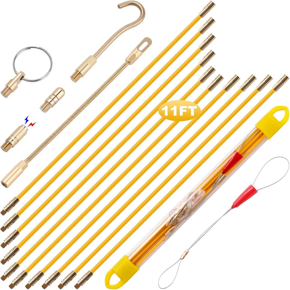 11' Fiberglass Running Electrical Wire Cable Pulling Fish Tape Kit with 5 Differ