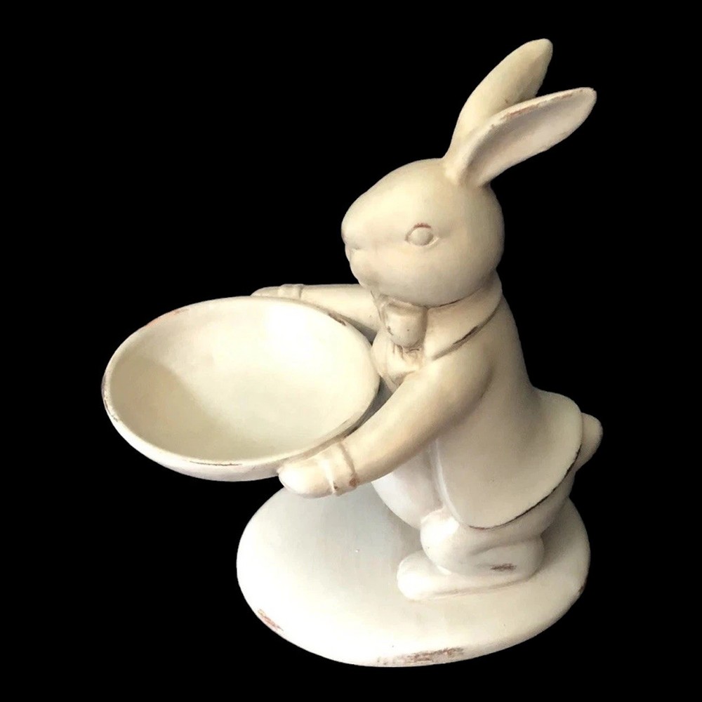 Easter Bunny Rabbit Holding Egg Candy Dish Spring Decor Gray Distressed