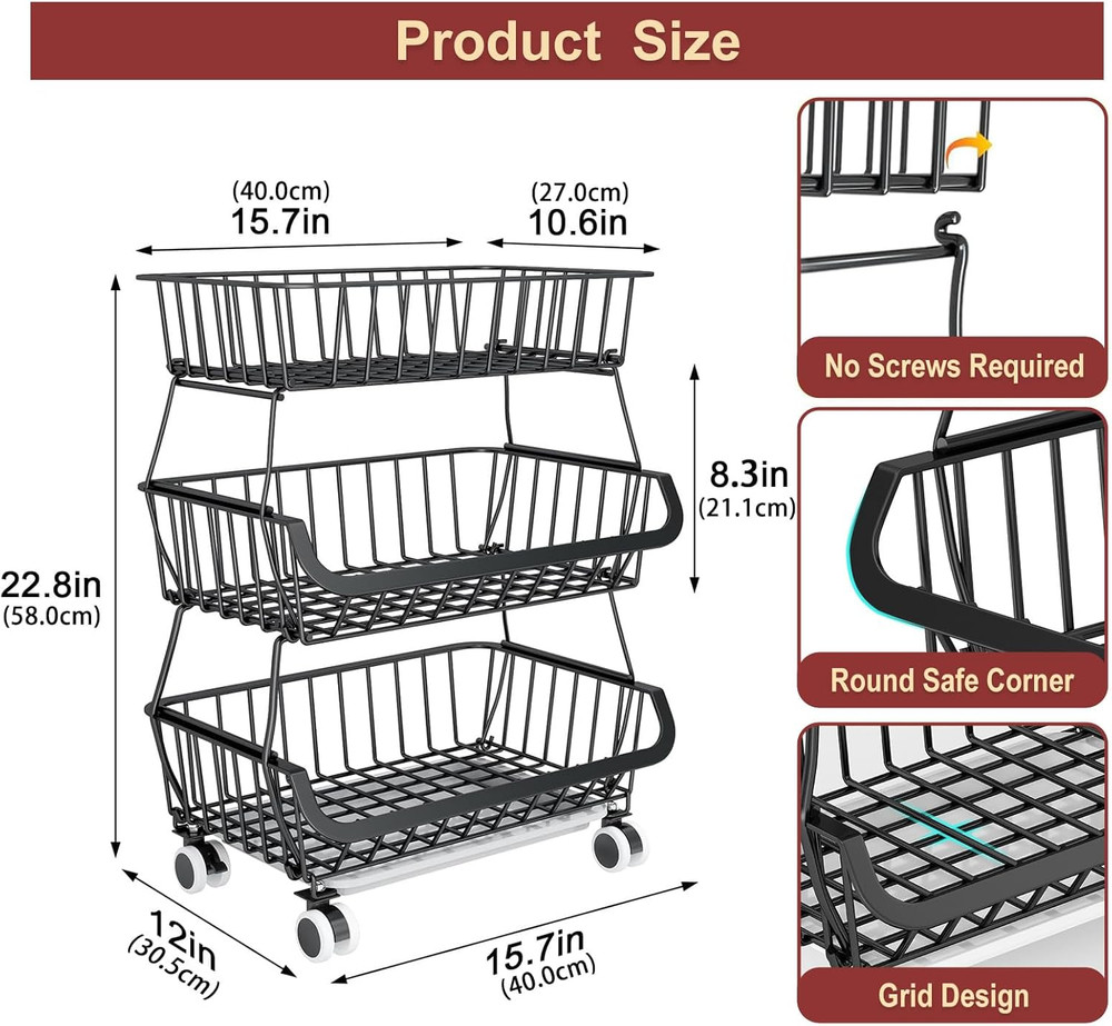 3-Tier Rolling Pantry Cart, Stackable Wire Storage Floor Organize Vegetable Rack