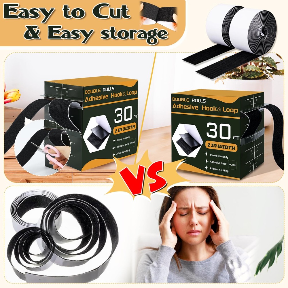 30 Ft x 2 Inches Hook and Loop Tape Adhesive Back 2 Rolls Black Scissors