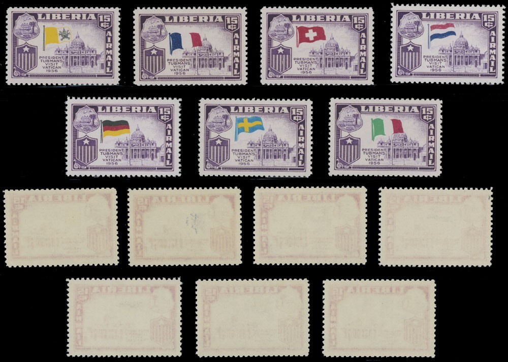LIBERIA 1958 PRESIDENT'S VISITS 42 PERF STAMPS W/WRONG FLAGS SC#368-70, C114-17