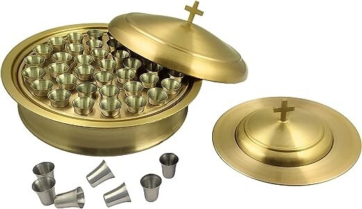 Communion Tray & Bread Plate with A Lid & 40 Cups- Stainless Steel (Matte Brass)