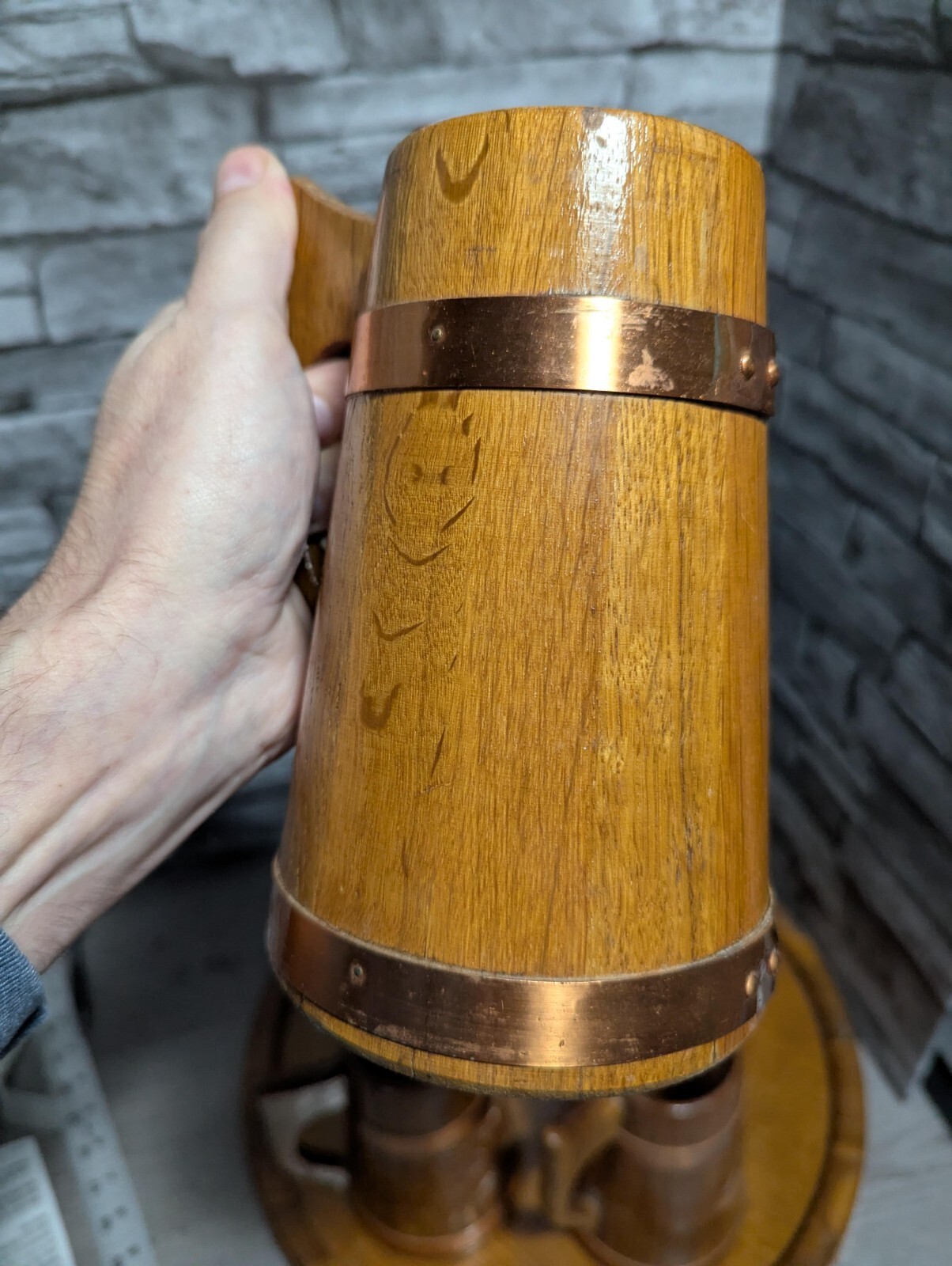 Vtg Set Of 5 Wood & Copper Beer Mug Stein Tankard Cups w/Tray Viking Bar Decor