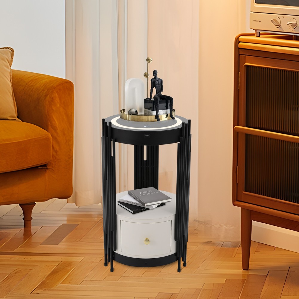 LED Bed Side Table Smart Nightstand w/ Wireless Charging Station Side/End Table