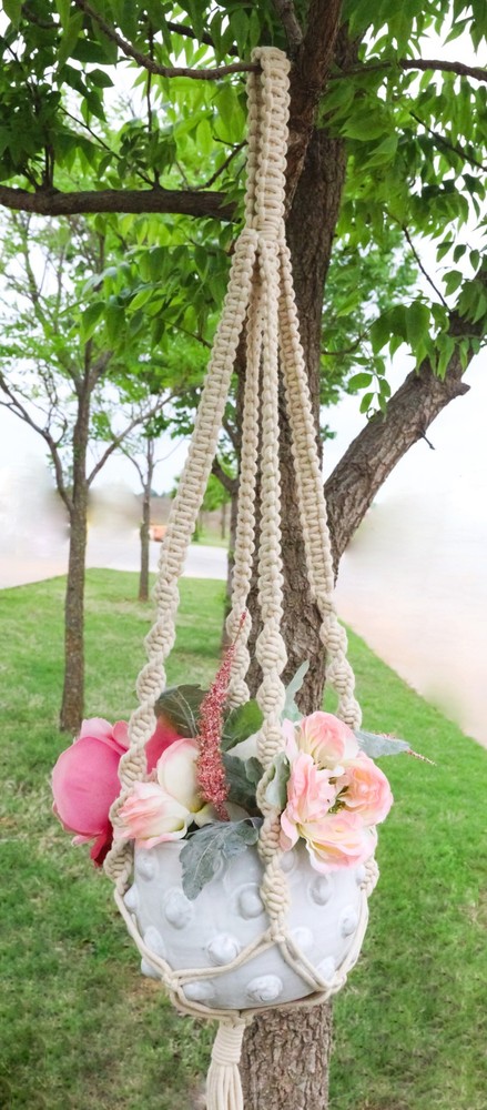 Hand Woven Cotton Rope Boho Chic Macrame Wall Hanger With Ceramic Planter Pot