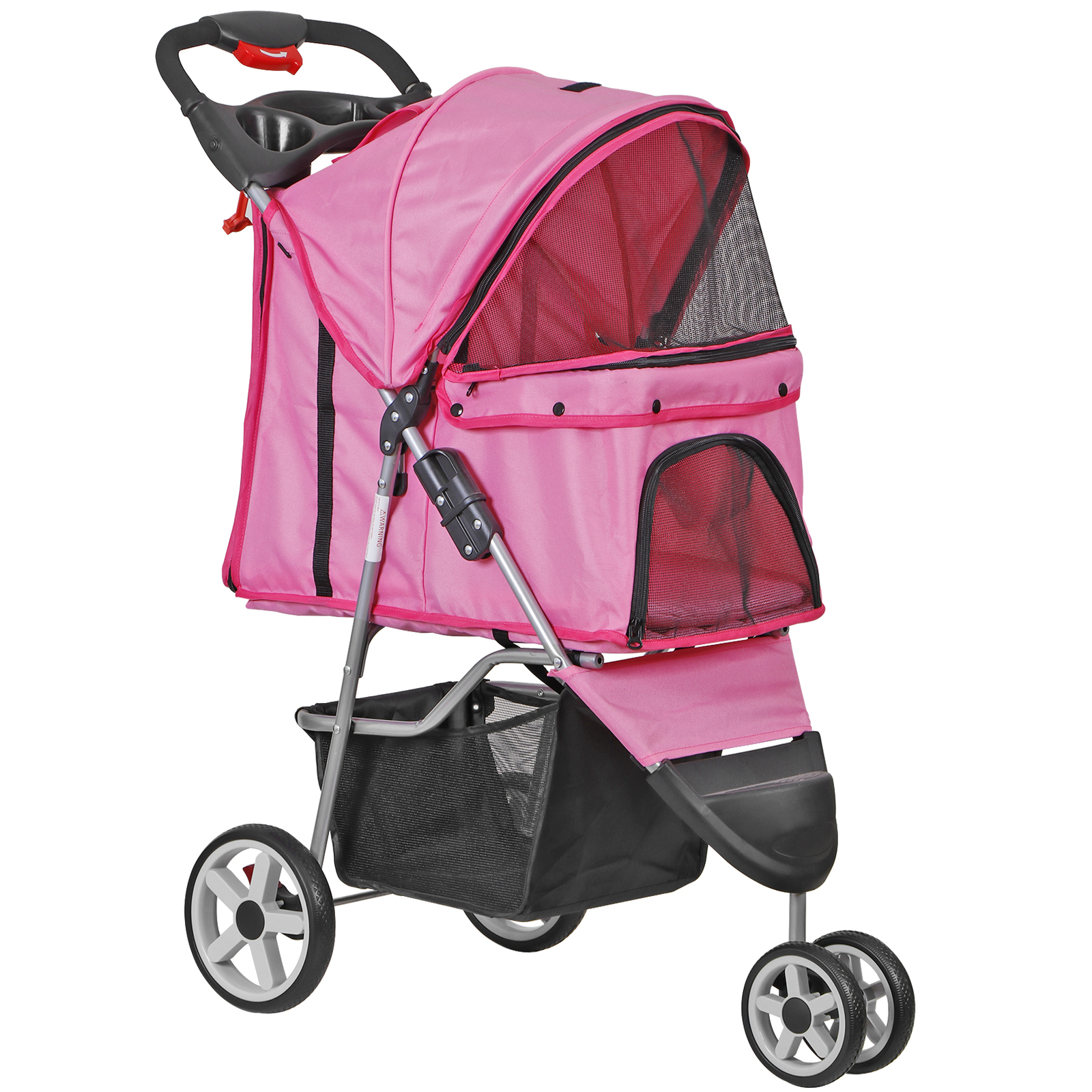 3 Wheels Pet Stroller Foldable Dog Stroller Cart Cat Carrier w/Cup Holder Pink