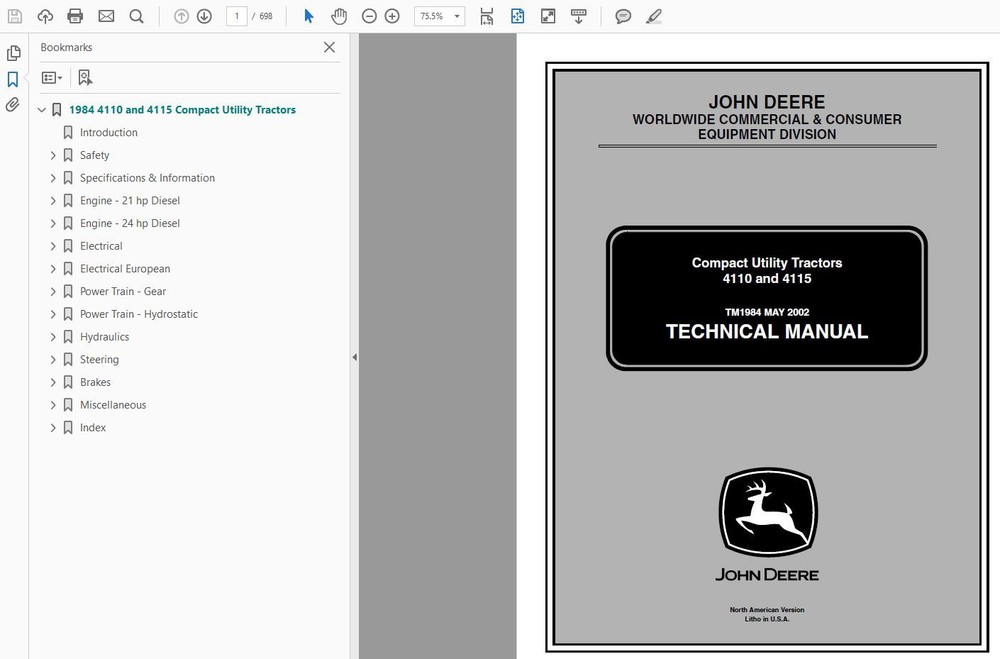 John Deere 4110 and 4115 Compact Tractor Technical Service Manual CD