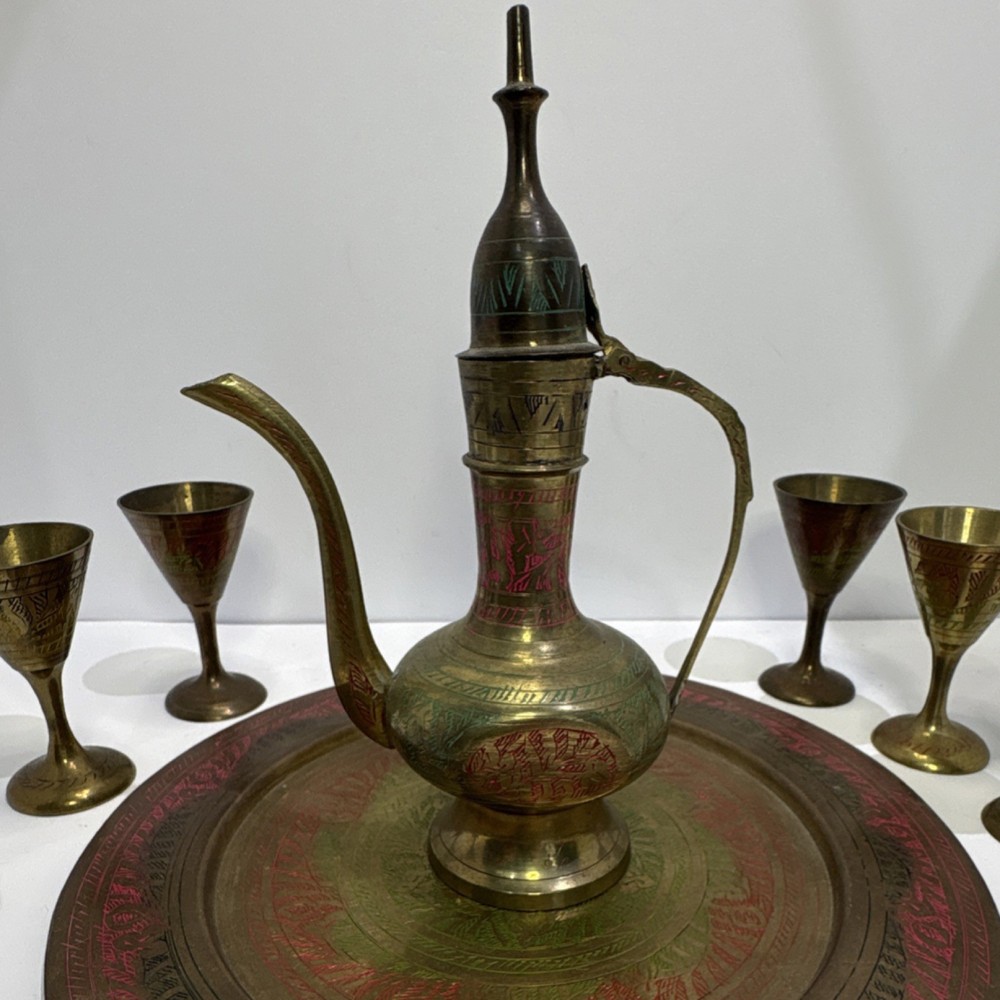 Middle Eastern Brass Coffee Set with Tray, 6 Engraved Colored Goblets, Handmade