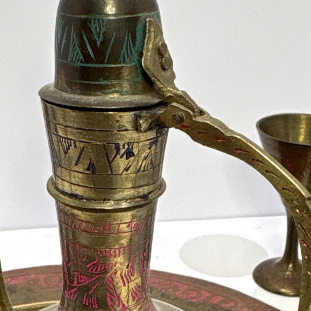 Middle Eastern Brass Coffee Set with Tray, 6 Engraved Colored Goblets, Handmade